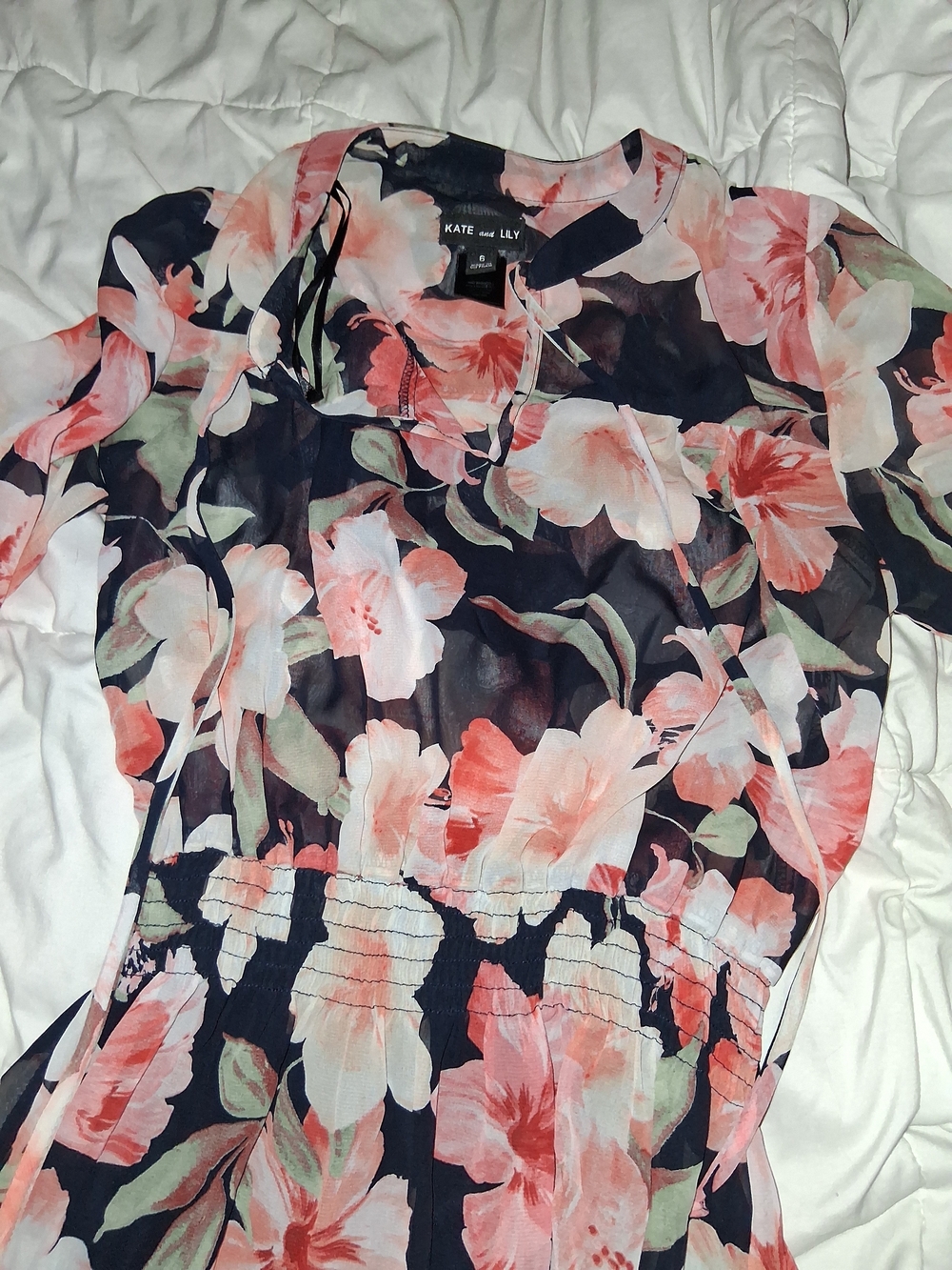 Kate + Lily Navy Floral Midi Dress with Coral and Pink Blooms